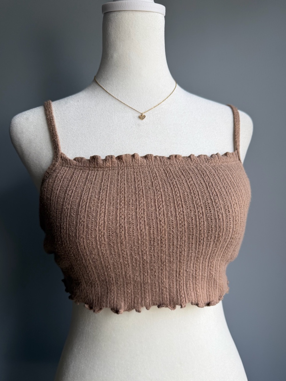 Brown Ribbed Crop Tank with Adjustable Straps